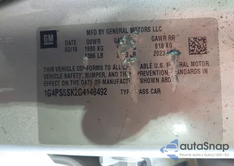 2016 Buick Verano Leather Group z USA, uszkodzony, nr VIN 1G4PS5SK2G4148492